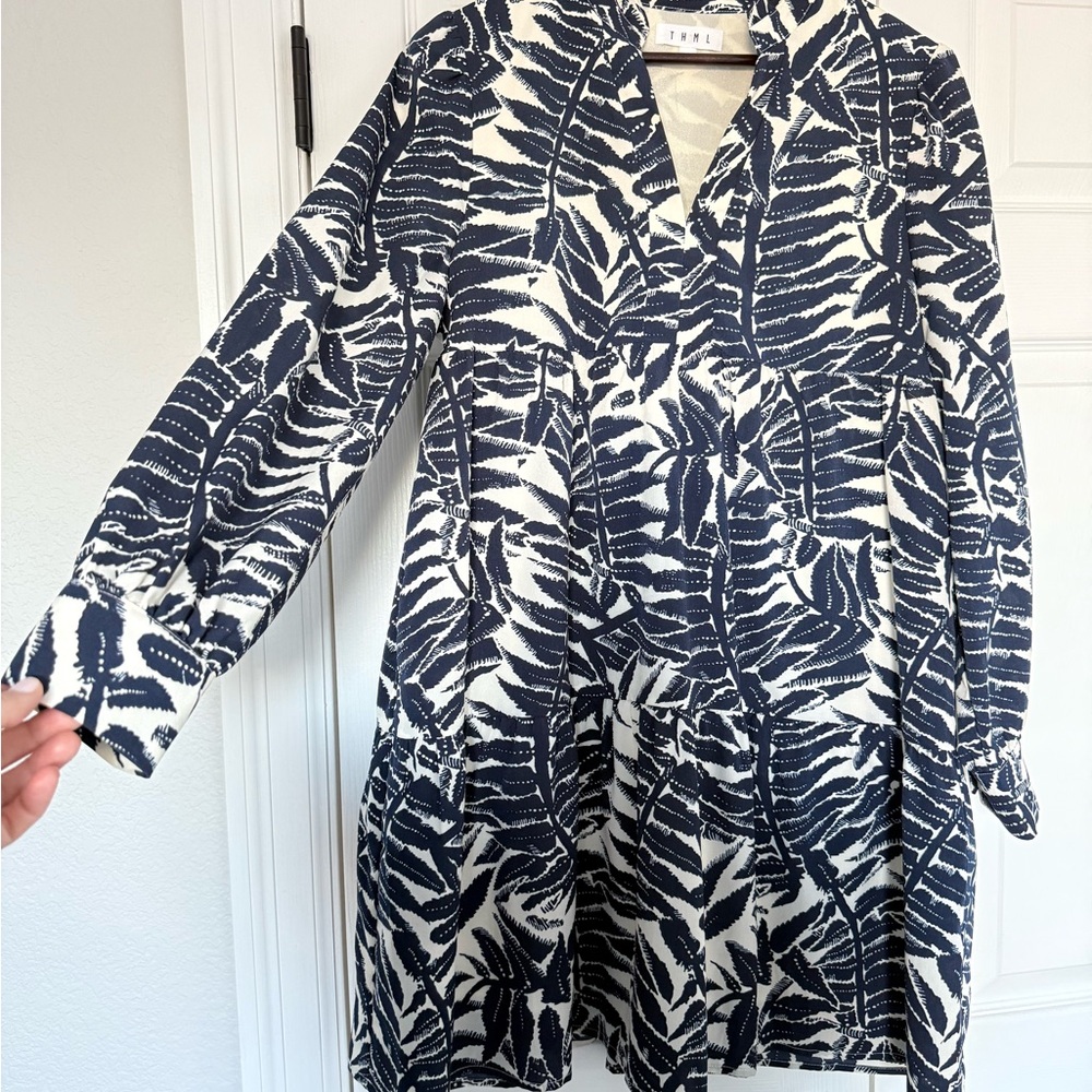 THML Navy and White Leaf Print Mini Dress